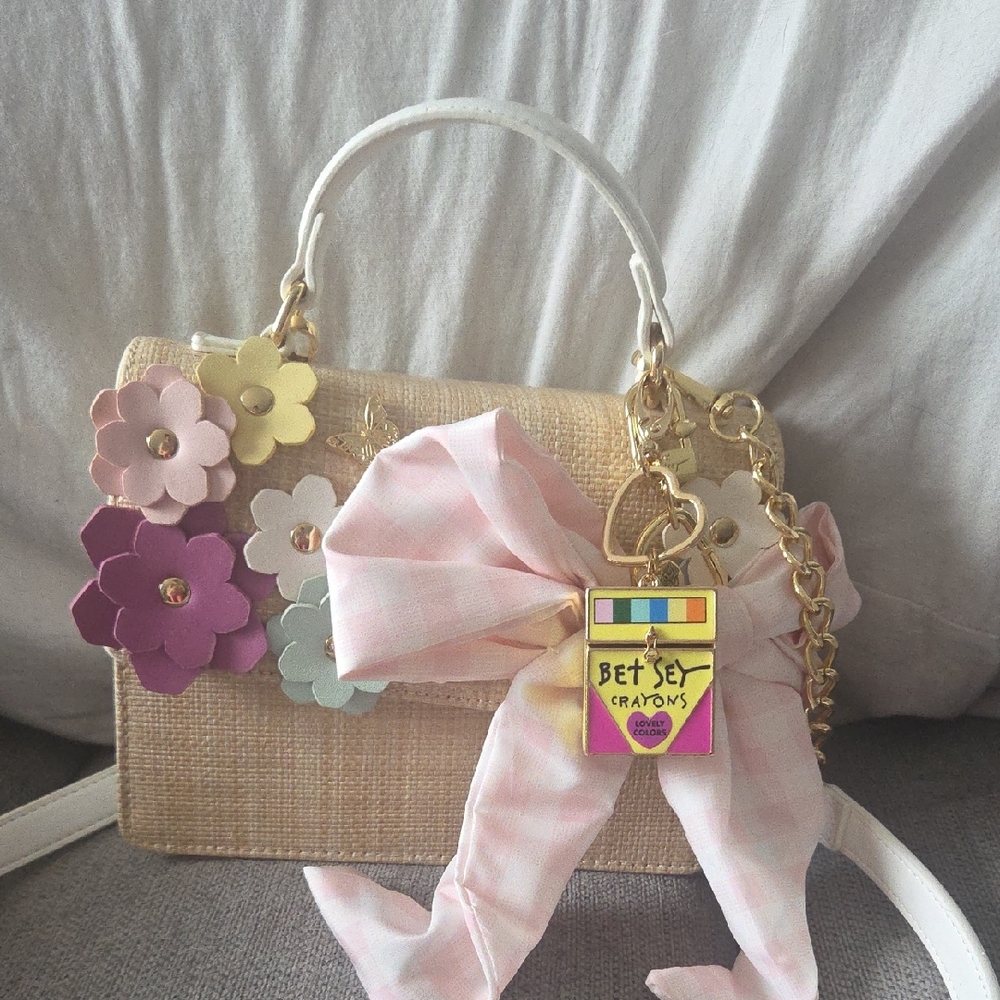 Betsey Johnson Straw Top-Handle Bag with Pink Gingham Bow and Floral Appliqués